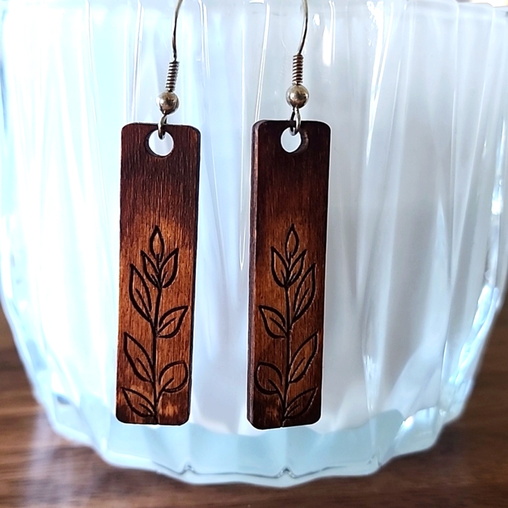 Wooden Hand Painted Sterling Silver Dangle Earrings